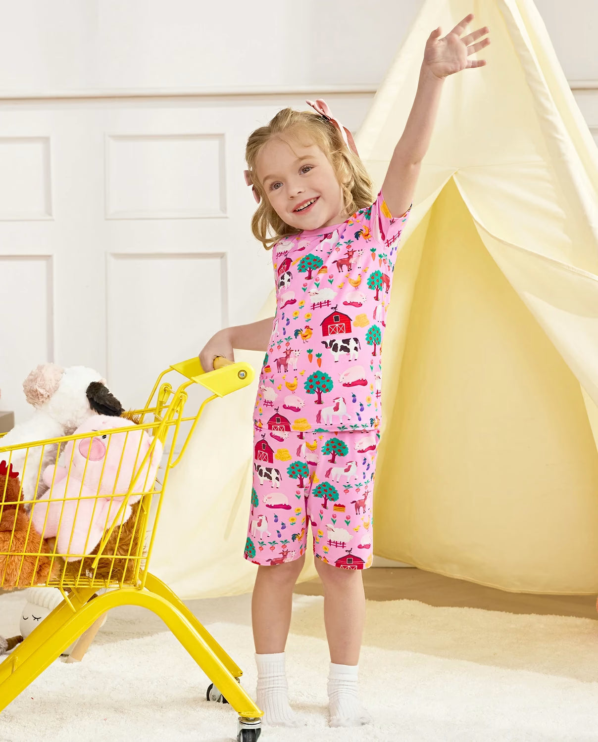 Busy Farm Short Two-Piece Pajama Set, busy farm bamboo short two piece pjs lifestyle 08