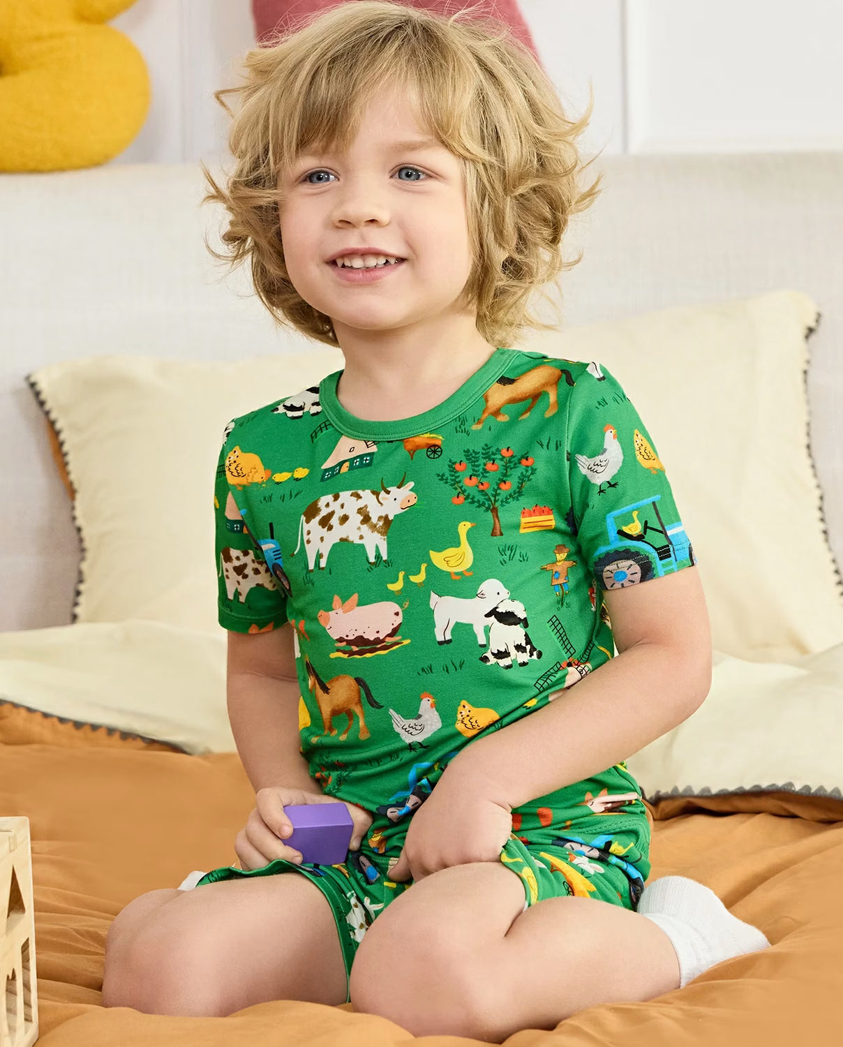 Busy Farm Days Short Two-Piece Pajama Set, busy farm days bamboo short two piece pjs lifestyle 01
