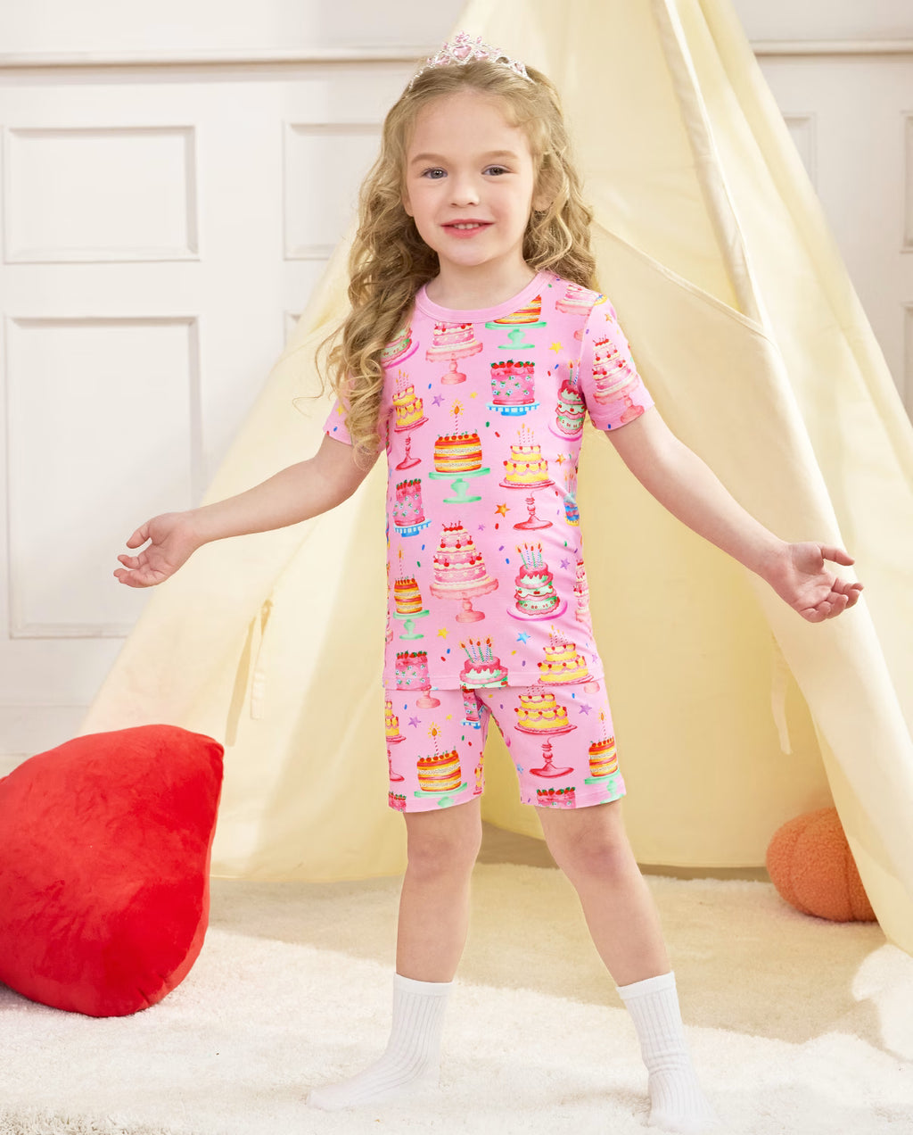 Cake Party Short Two-Piece Pajama Set, cake party bamboo short two piece pjs lifestyle 04