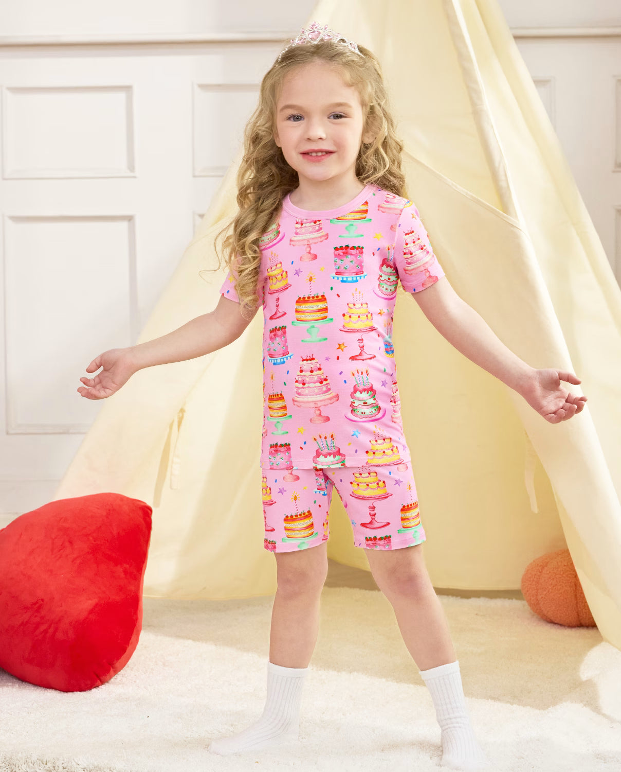 Cake Party Short Two-Piece Pajama Set, cake party bamboo short two piece pjs lifestyle 04