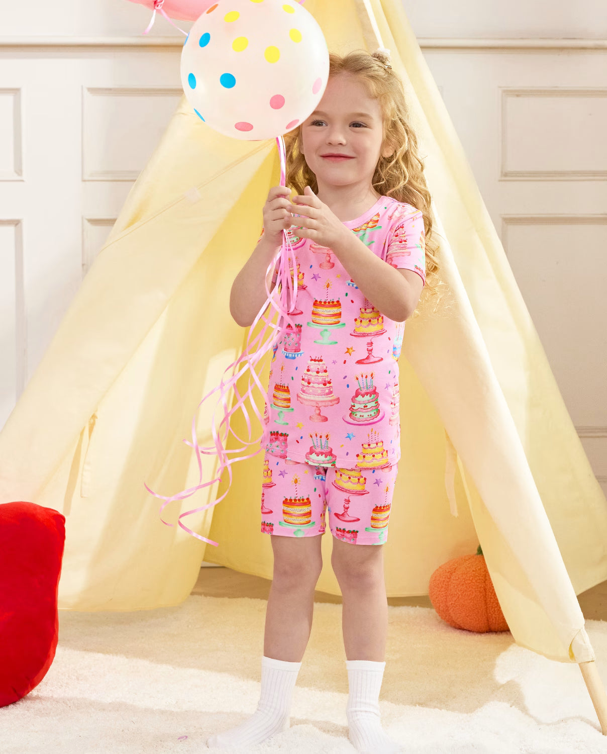 Cake Party Short Two-Piece Pajama Set, cake party bamboo short two piece pjs lifestyle 11