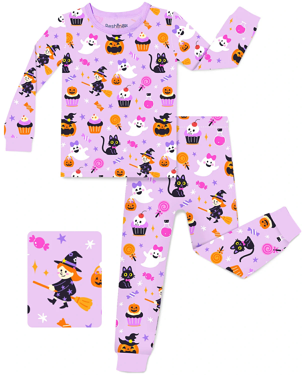Candy Boo Long Two-Piece Pajama Set with Halloween ghost pumpkin cat witch and candy print
