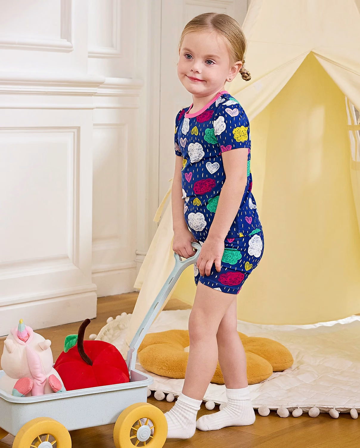 Cloud Hearts Short Two-Piece Pajama Set, cloud hearts bamboo short two piece pjs lifestyle 01