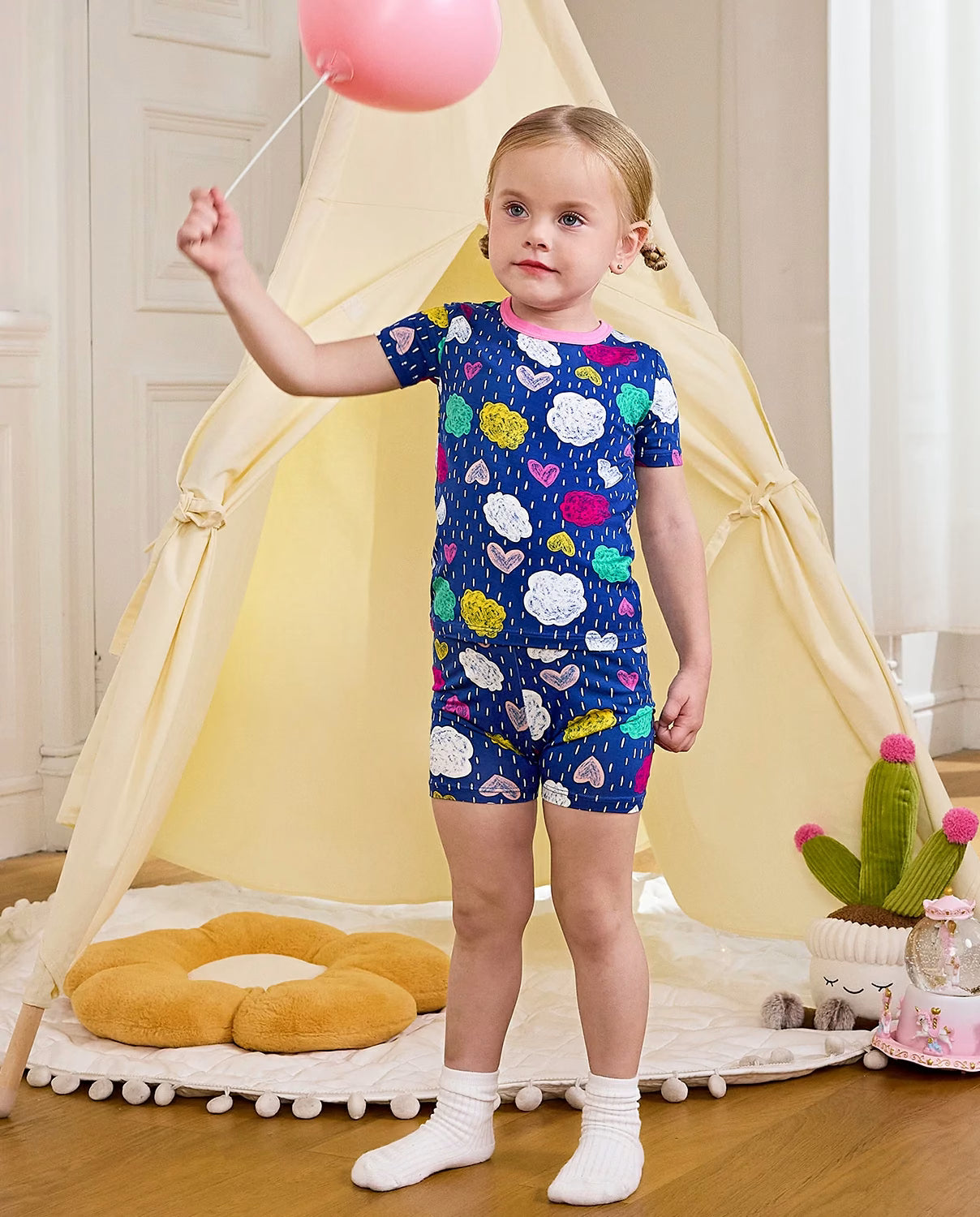 Cloud Hearts Short Two-Piece Pajama Set, cloud hearts bamboo short two piece pjs lifestyle 03