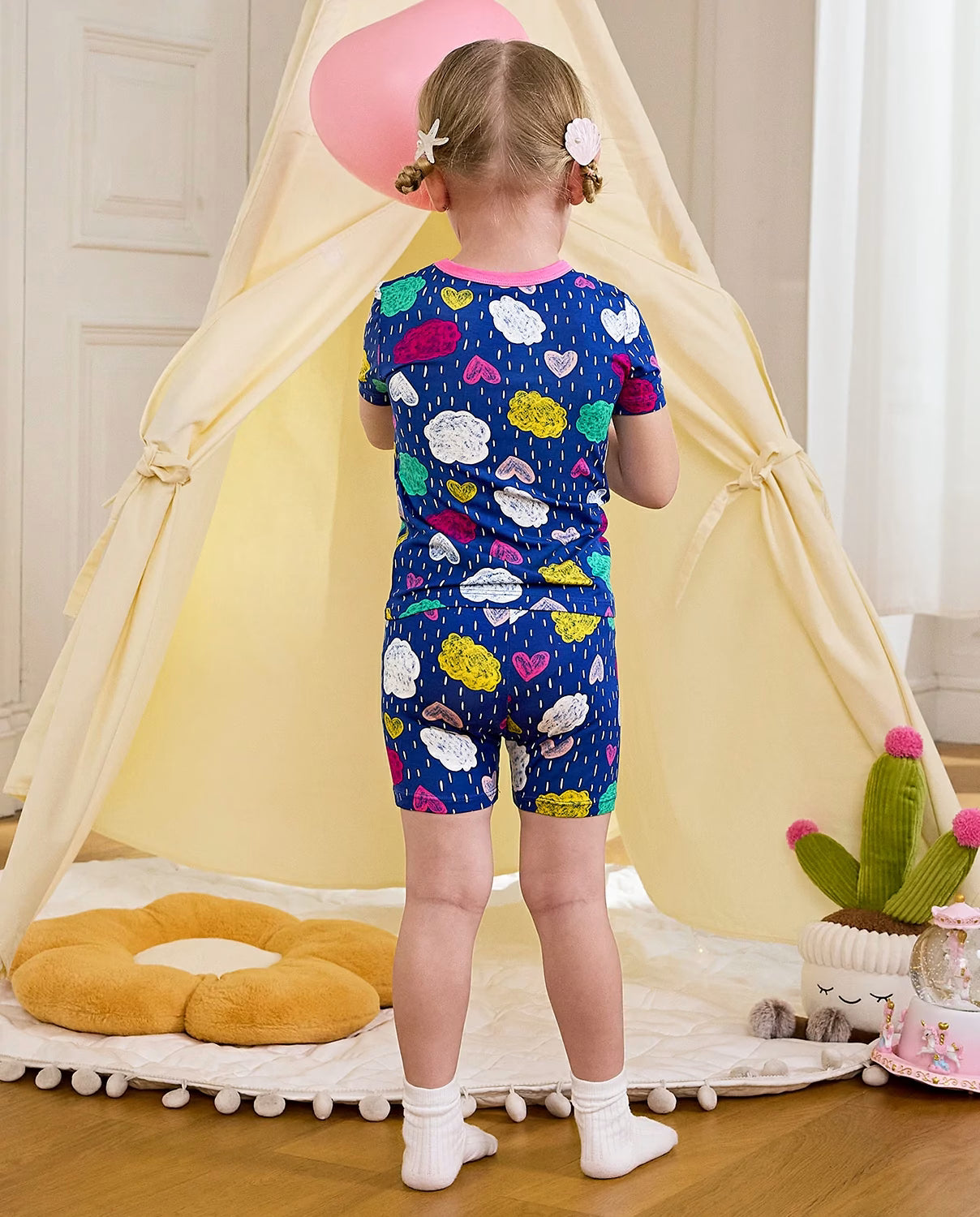 Cloud Hearts Short Two-Piece Pajama Set, cloud hearts bamboo short two piece pjs lifestyle 05