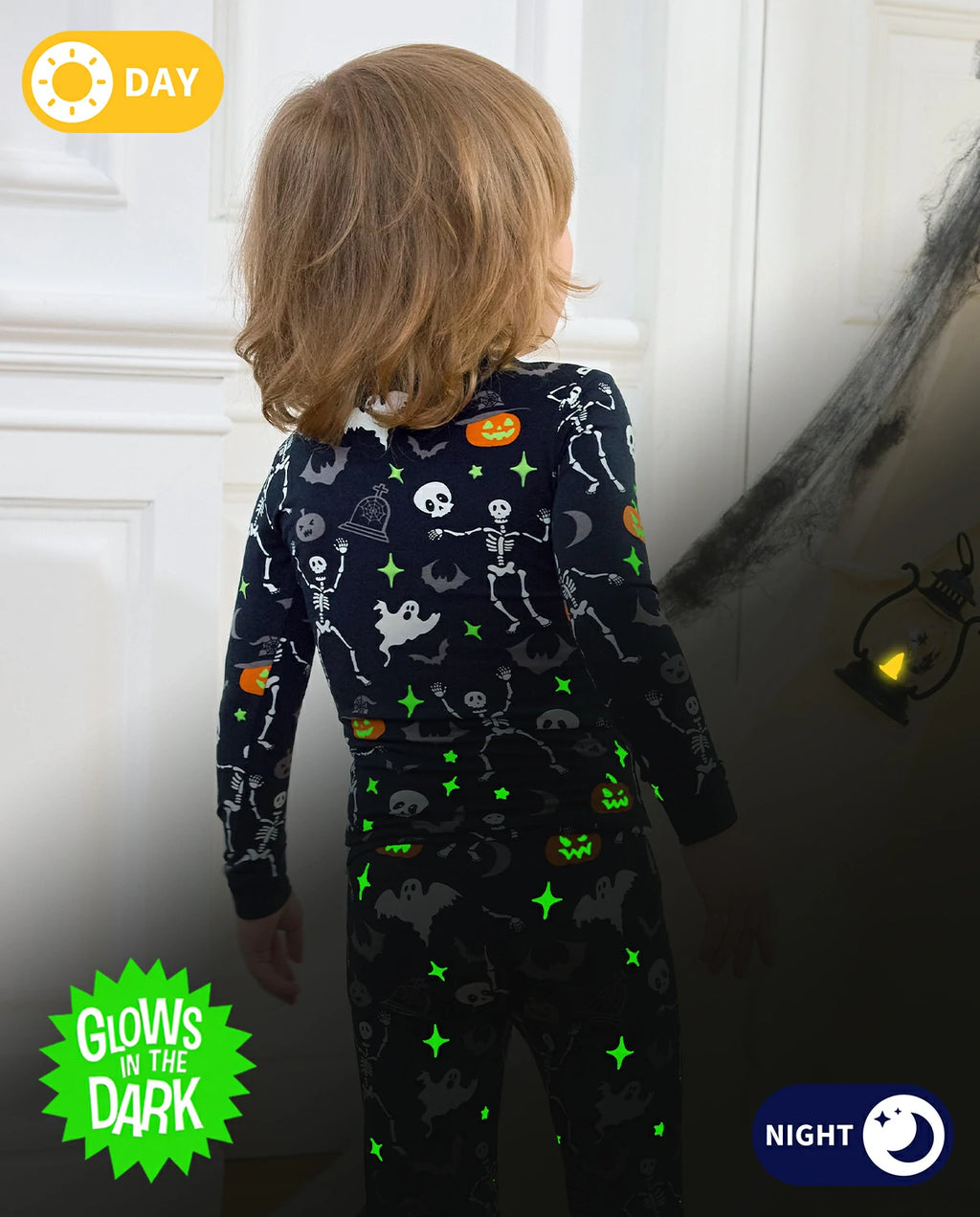 Dark Disco Long Two-Piece Pajama Set - day-and-night comparison showing the pajama print glowing