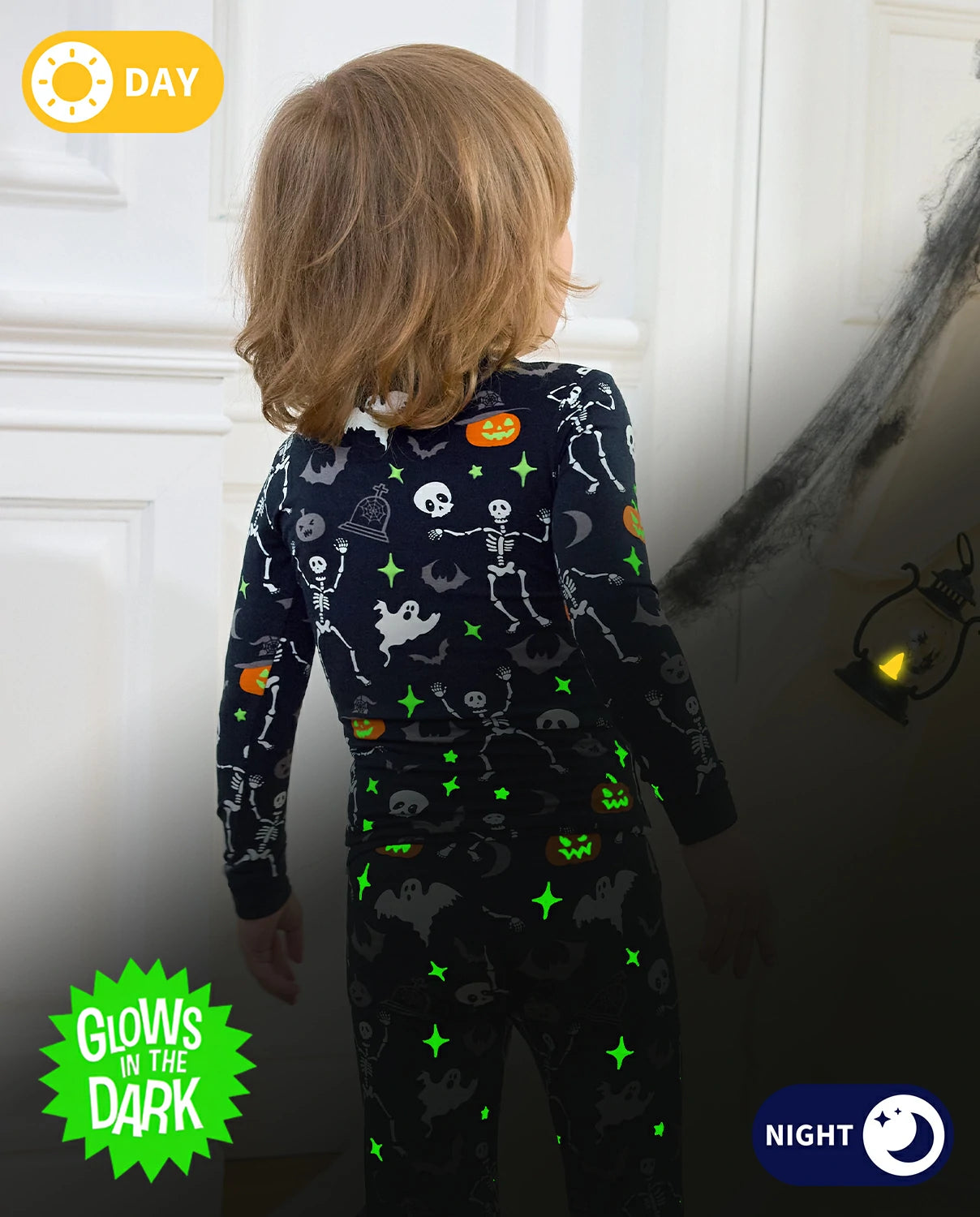 Dark Disco Long Two-Piece Pajama Set - day-and-night comparison showing the pajama print glowing