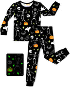 Dark Disco Long Two-Piece Pajama Set - pajama top and pants laid flat with a glow-print detail panel