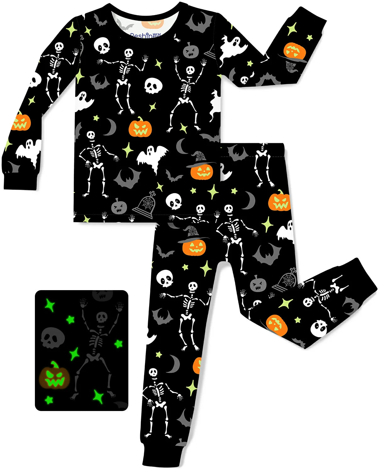 Dark Disco Long Two-Piece Pajama Set - pajama top and pants laid flat with a glow-print detail panel