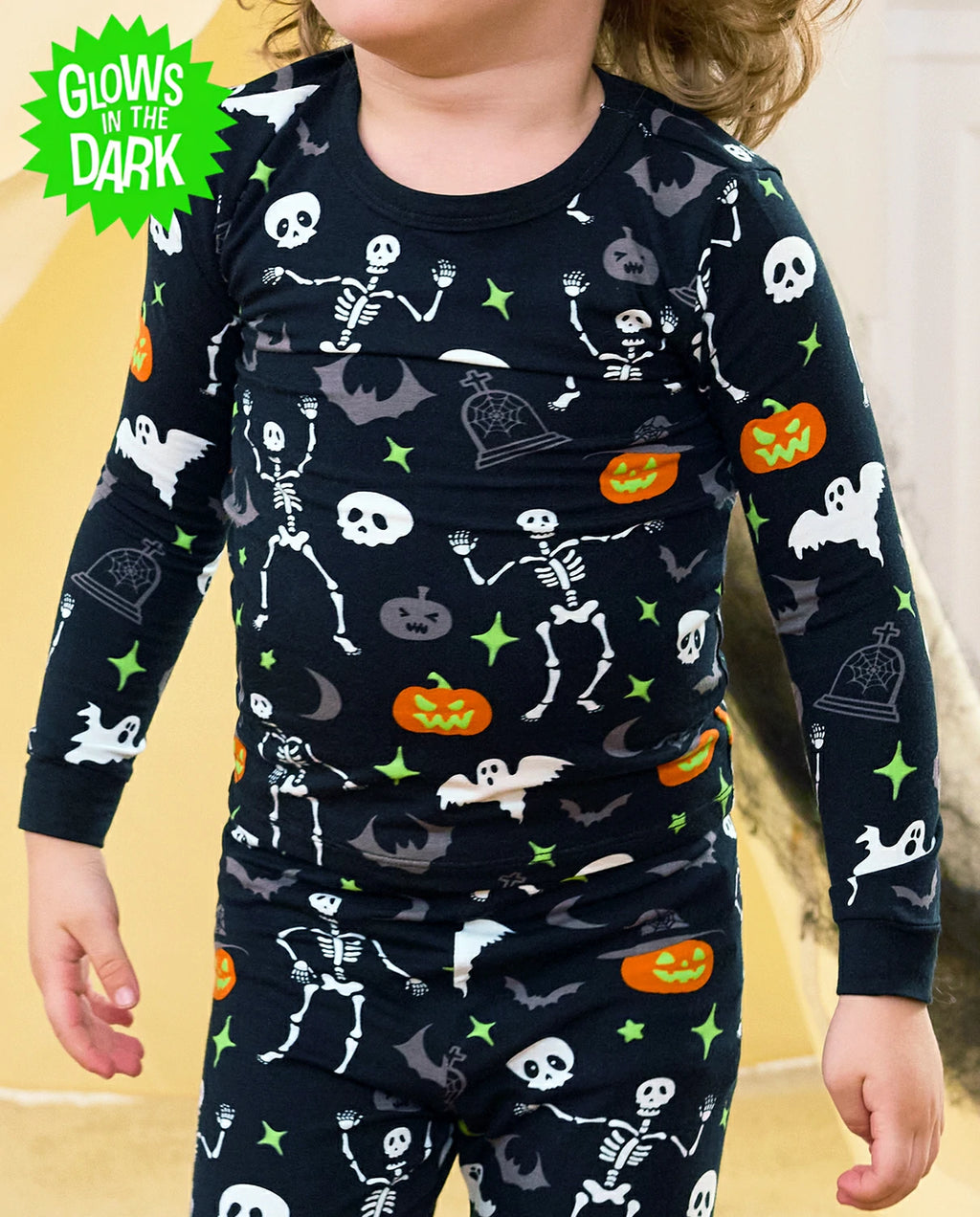 Dark Disco Long Two-Piece Pajama Set - close-up of the glow-print pajama top