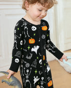 Close-up of Dark Disco Bamboo Zippy showing soft fabric and Halloween skeleton pumpkin print