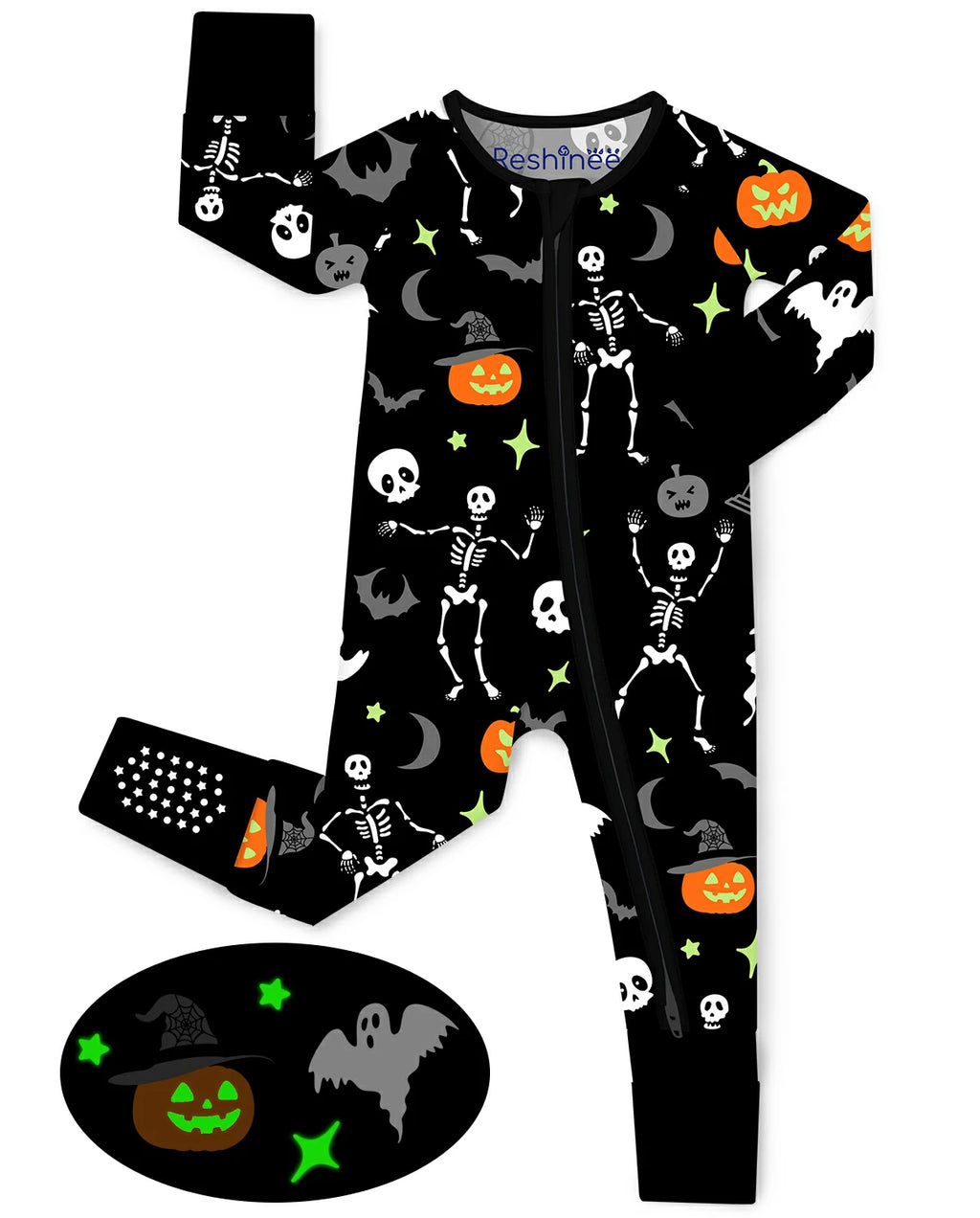 Dark Disco Bamboo Zippy with black Halloween skeleton ghost bat and pumpkin print
