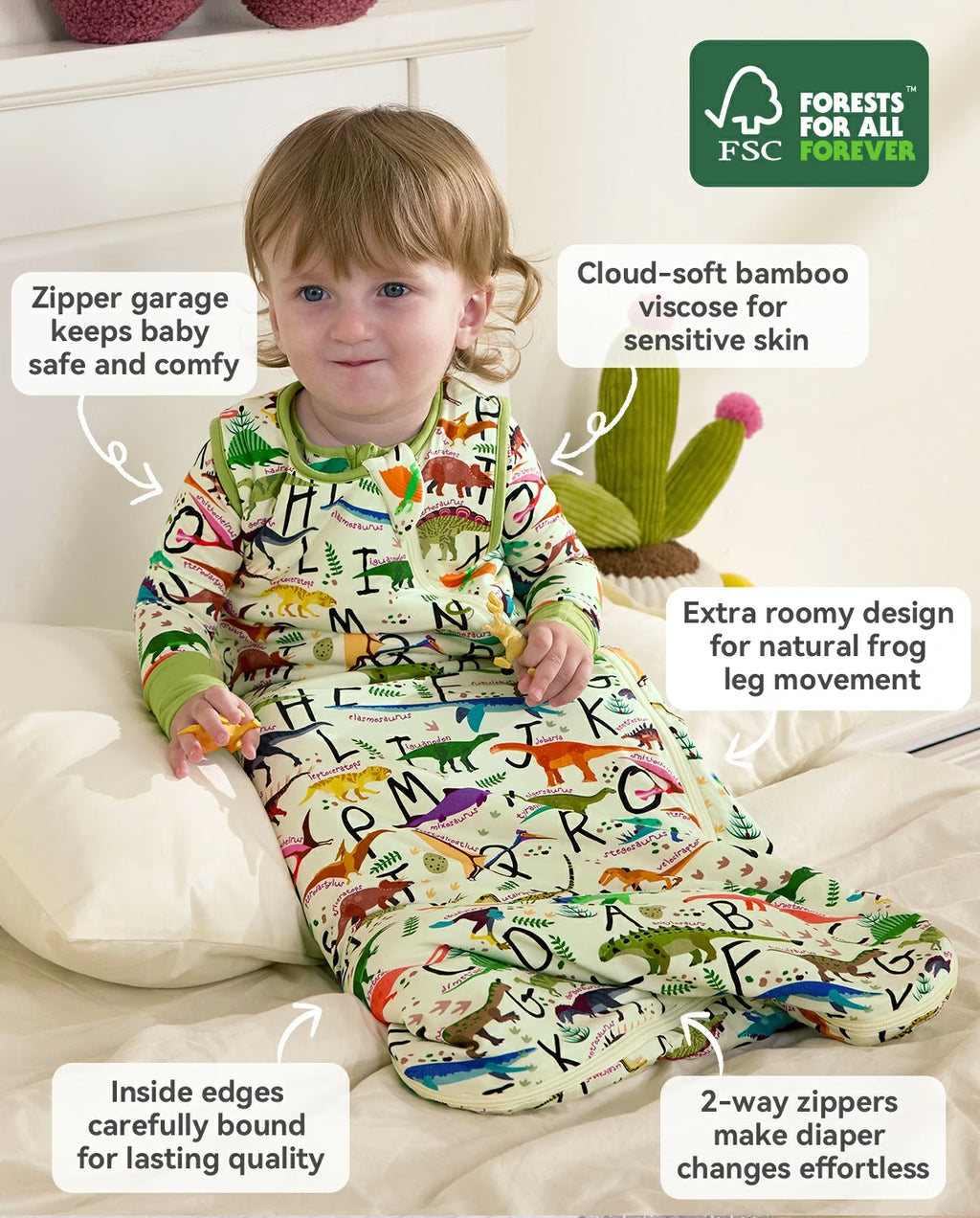 Dino Handbook Bamboo Baby Sleep Sack, dino dreams bamboo baby sleep sack features 01