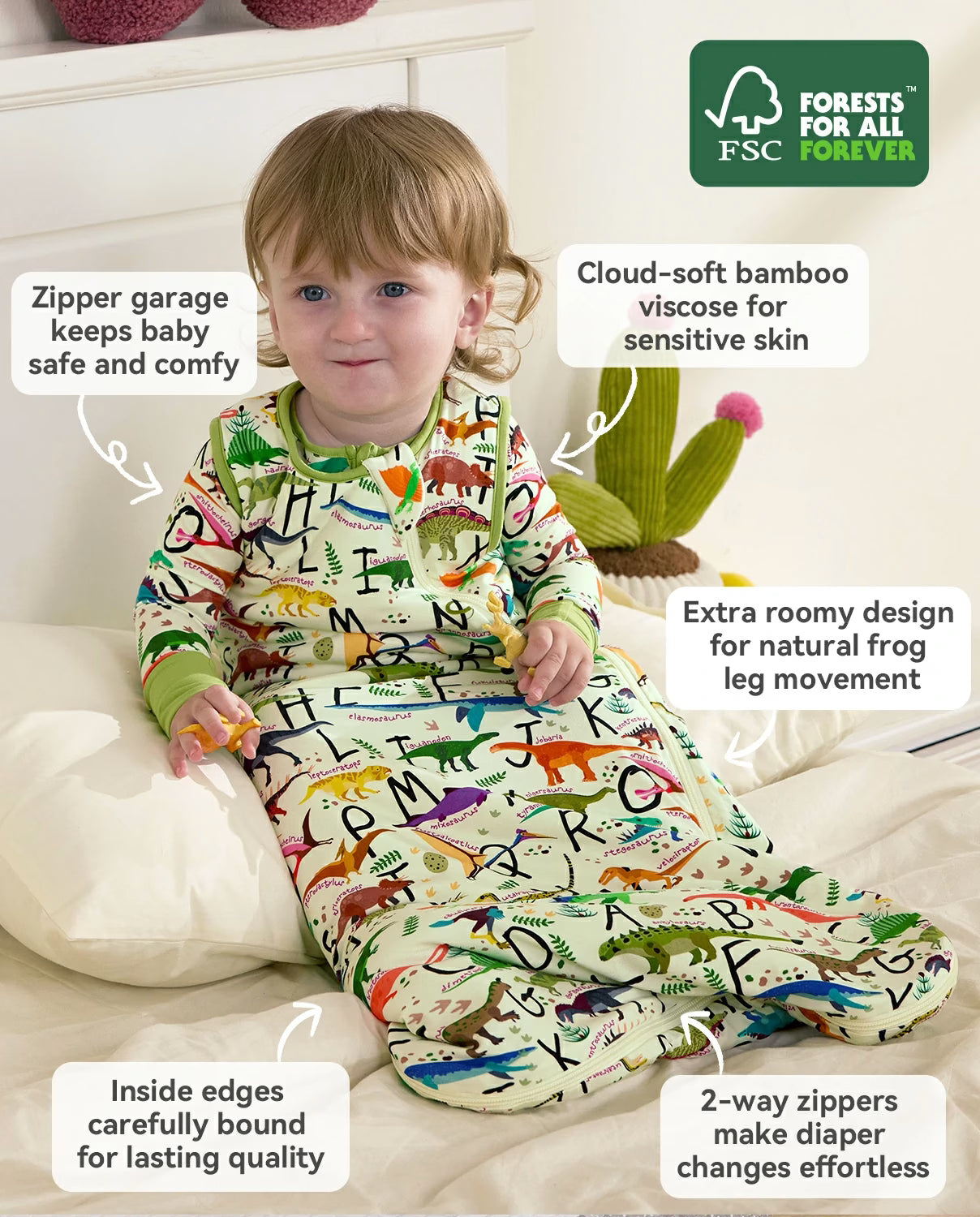 Dino Handbook Bamboo Baby Sleep Sack, dino dreams bamboo baby sleep sack features 01