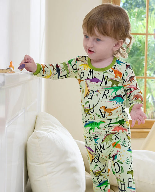 Dino Handbook Long Two-Piece Pajama Set, dino handbook bamboo two piece pjs lifestyle 1