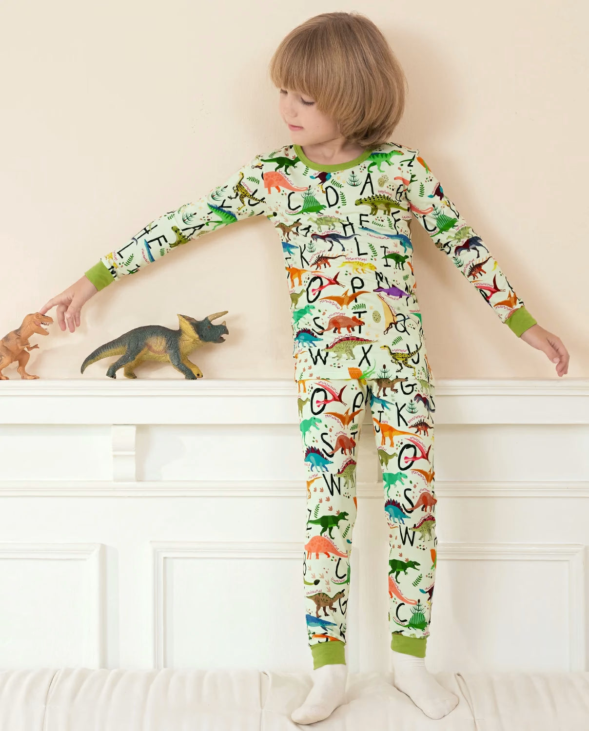 Dino Handbook Long Two-Piece Pajama Set, dino handbook bamboo two piece pjs lifestyle 2