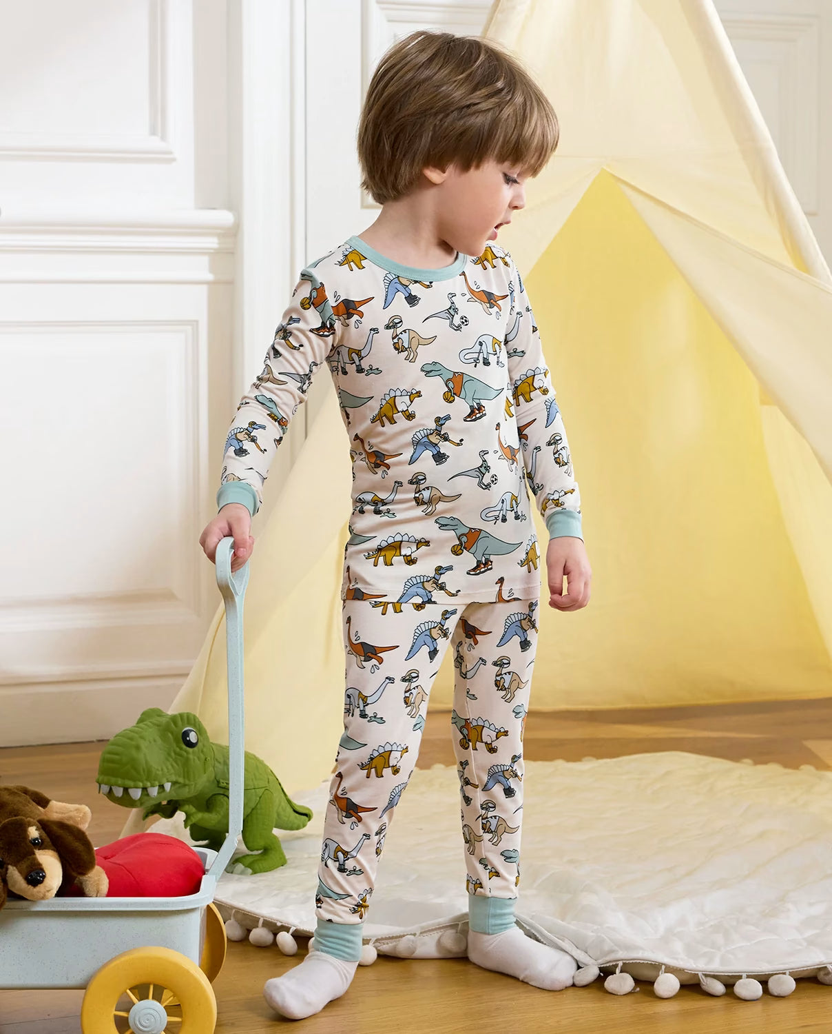 Dino Sports Long Two-Piece Pajama Set, dino sports club bamboo two piece pjs lifestyle 1