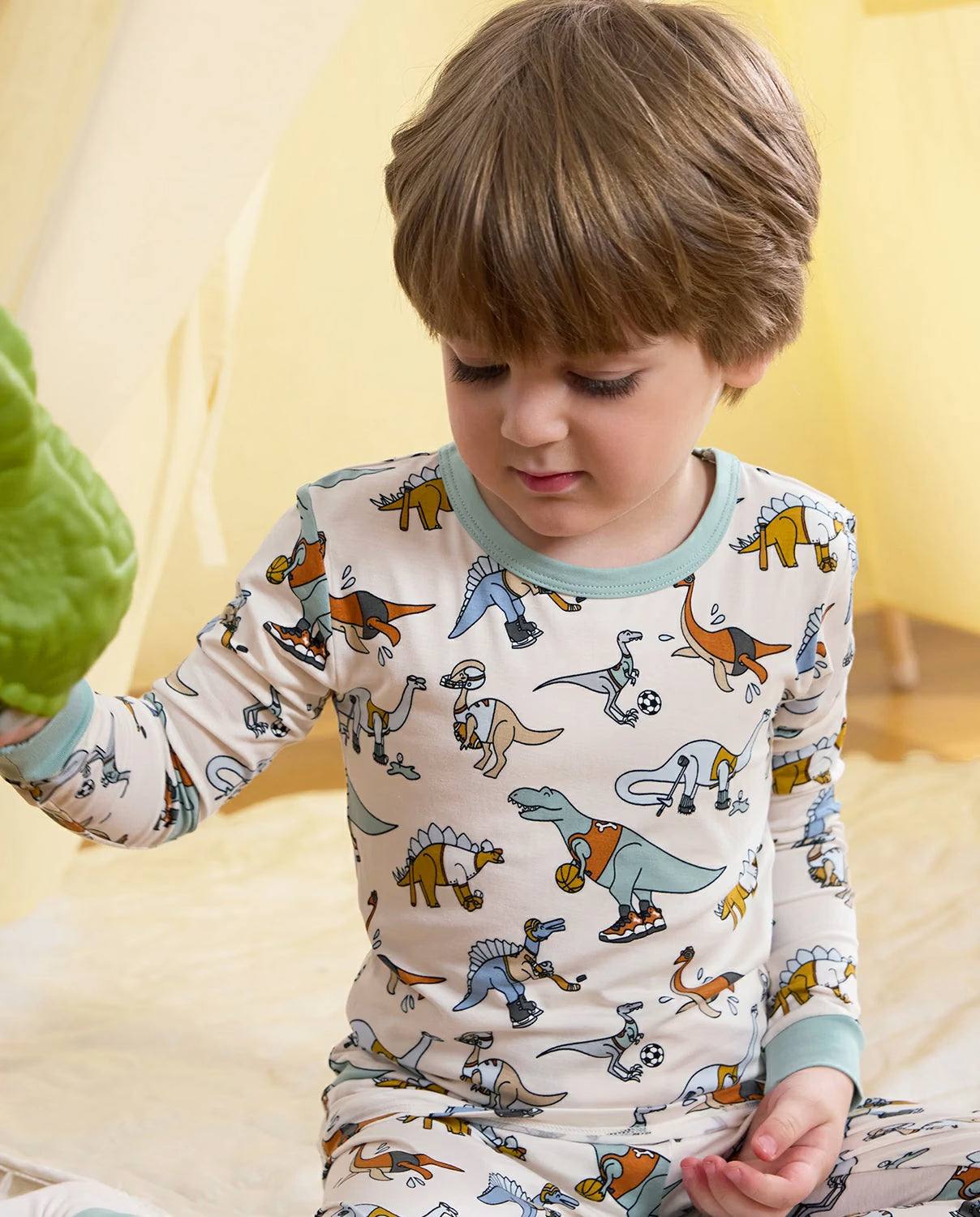 Dino Sports Long Two-Piece Pajama Set, dino sports club bamboo two piece pjs lifestyle 2