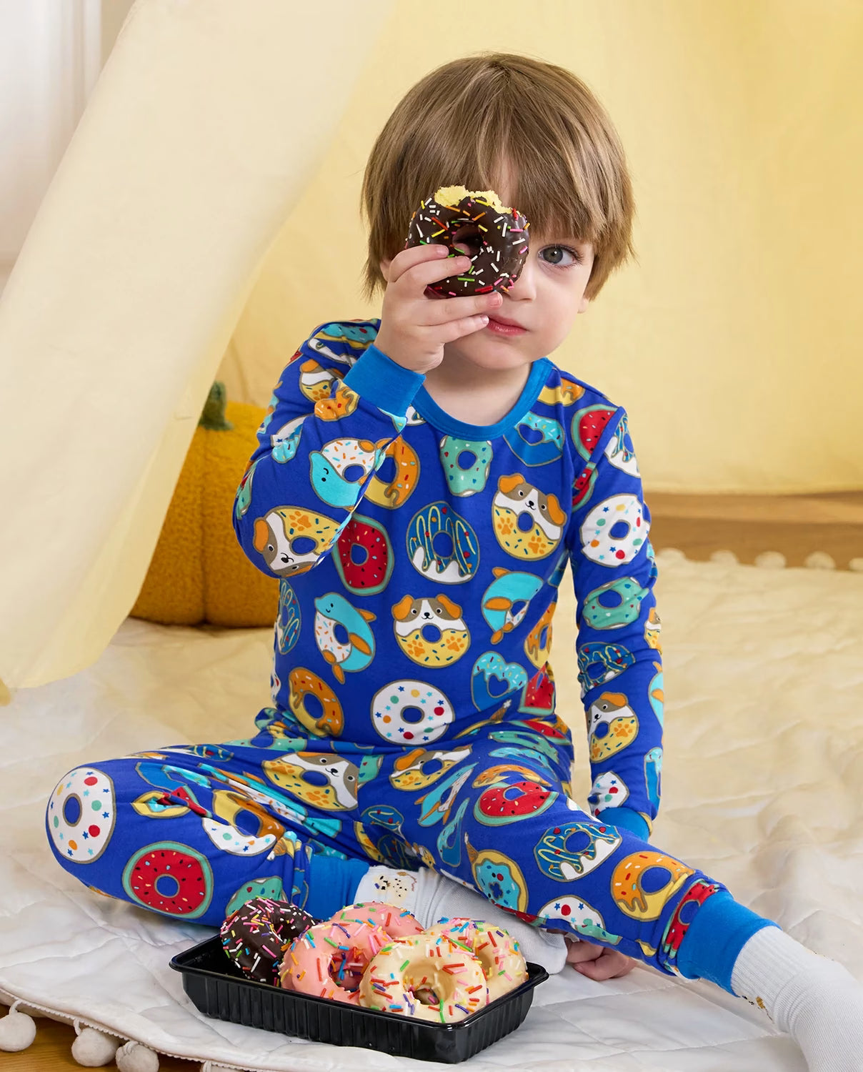Donut Party Long Two-Piece Pajama Set, donut party club bamboo two piece pjs lifestyle 1