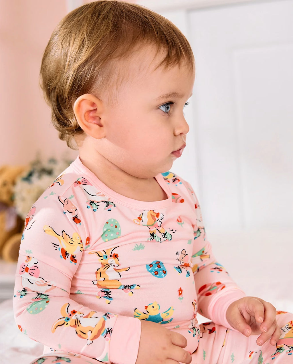 Easter Bunny Long Two-Piece Pajama Set, easter bunny bamboo two piece pjs lifestyle 1