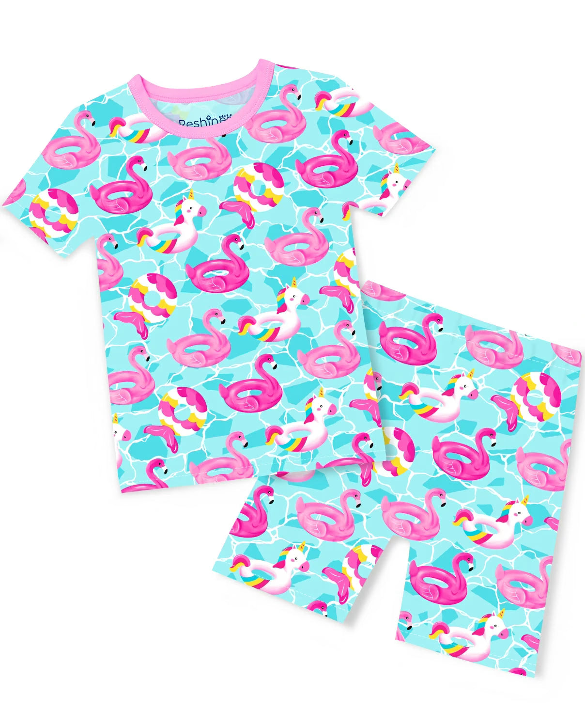 Flamingo Float Short Two-Piece Pajama Set, flamingo float bamboo short two piece pajama set
