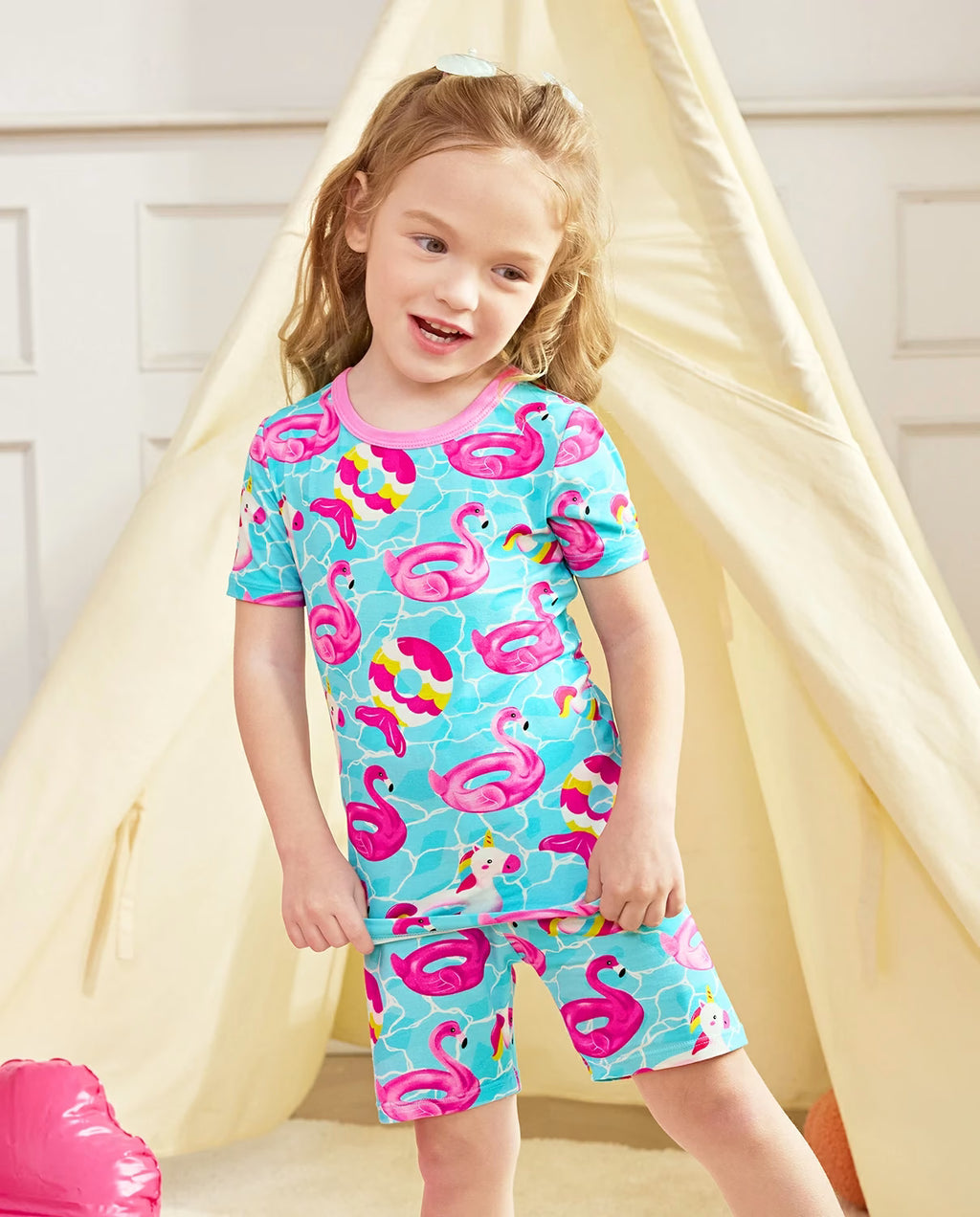 Flamingo Float Short Two-Piece Pajama Set, flamingo float bamboo short two piece pjs lifestyle 01