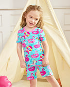 Flamingo Float Short Two-Piece Pajama Set, flamingo float bamboo short two piece pjs lifestyle 01