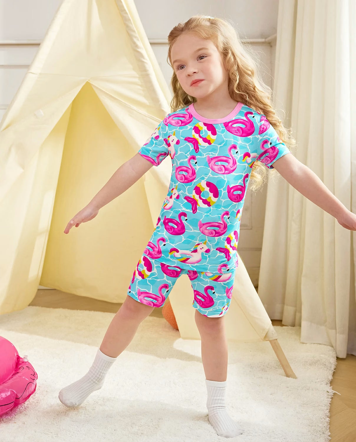 Flamingo Float Short Two-Piece Pajama Set, flamingo float bamboo short two piece pjs lifestyle 02