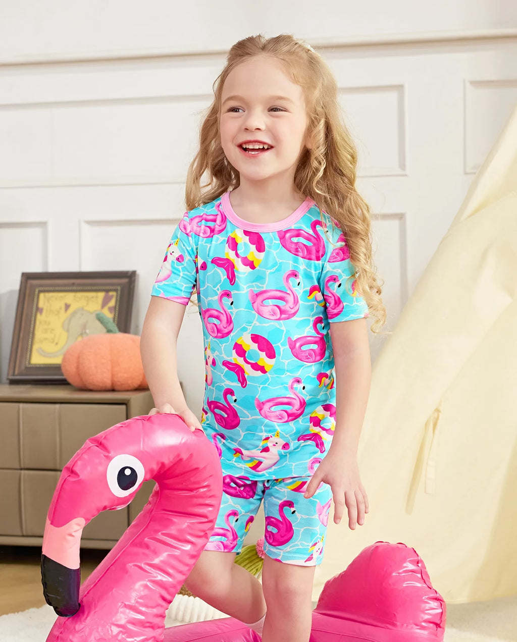 Flamingo Float Short Two-Piece Pajama Set, flamingo float bamboo short two piece pjs lifestyle 03