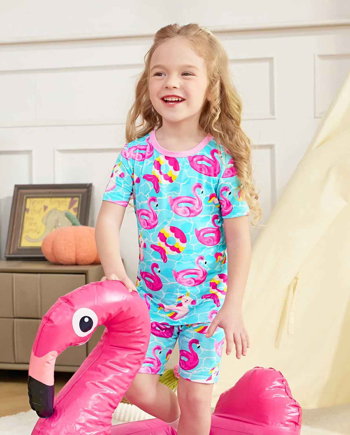 Flamingo Float Short Two-Piece Pajama Set, flamingo float bamboo short two piece pjs lifestyle 03
