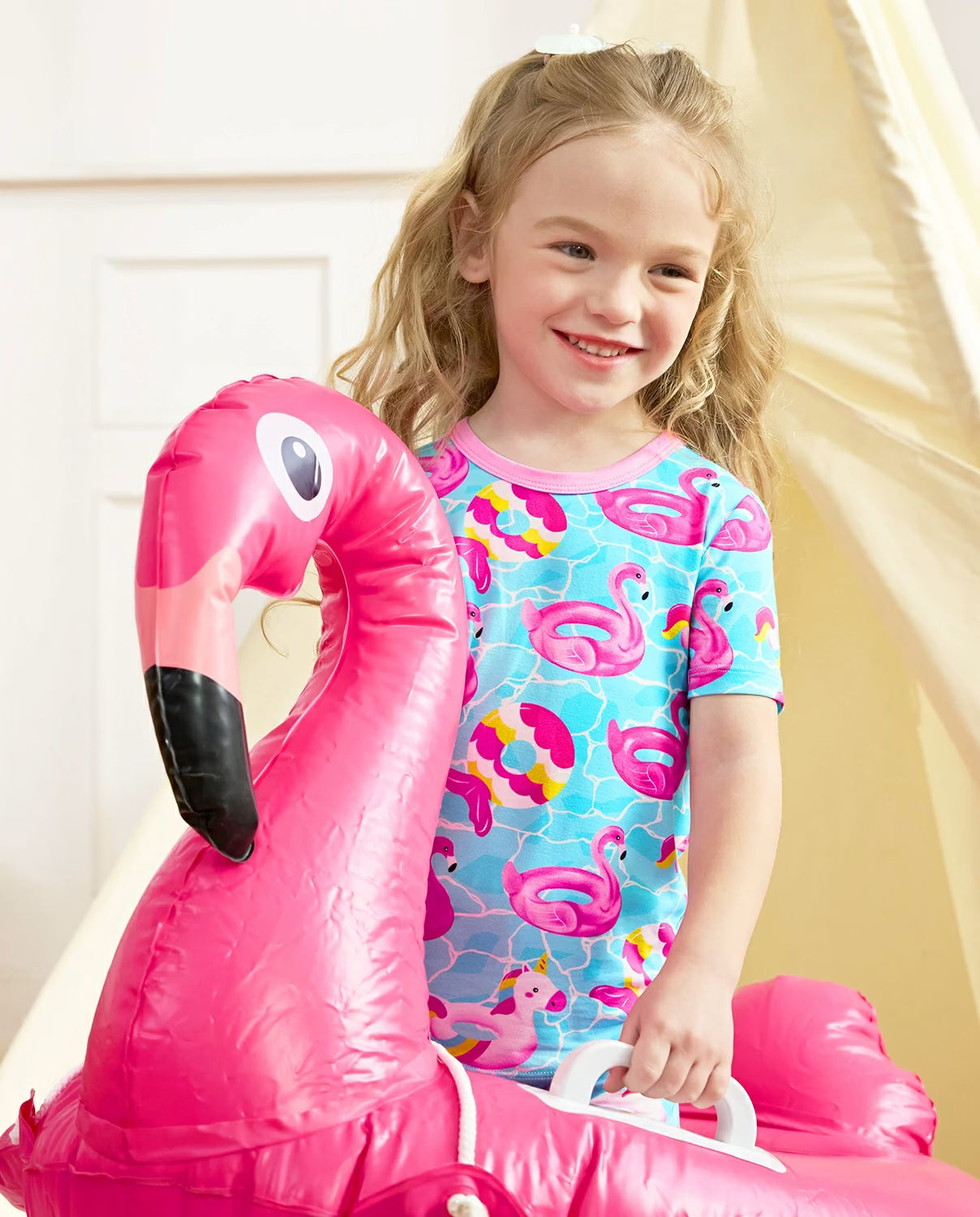 Flamingo Float Short Two-Piece Pajama Set, flamingo float bamboo short two piece pjs lifestyle 04