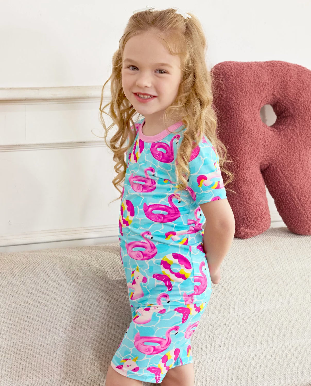 Flamingo Float Short Two-Piece Pajama Set, flamingo float bamboo short two piece pjs lifestyle 05