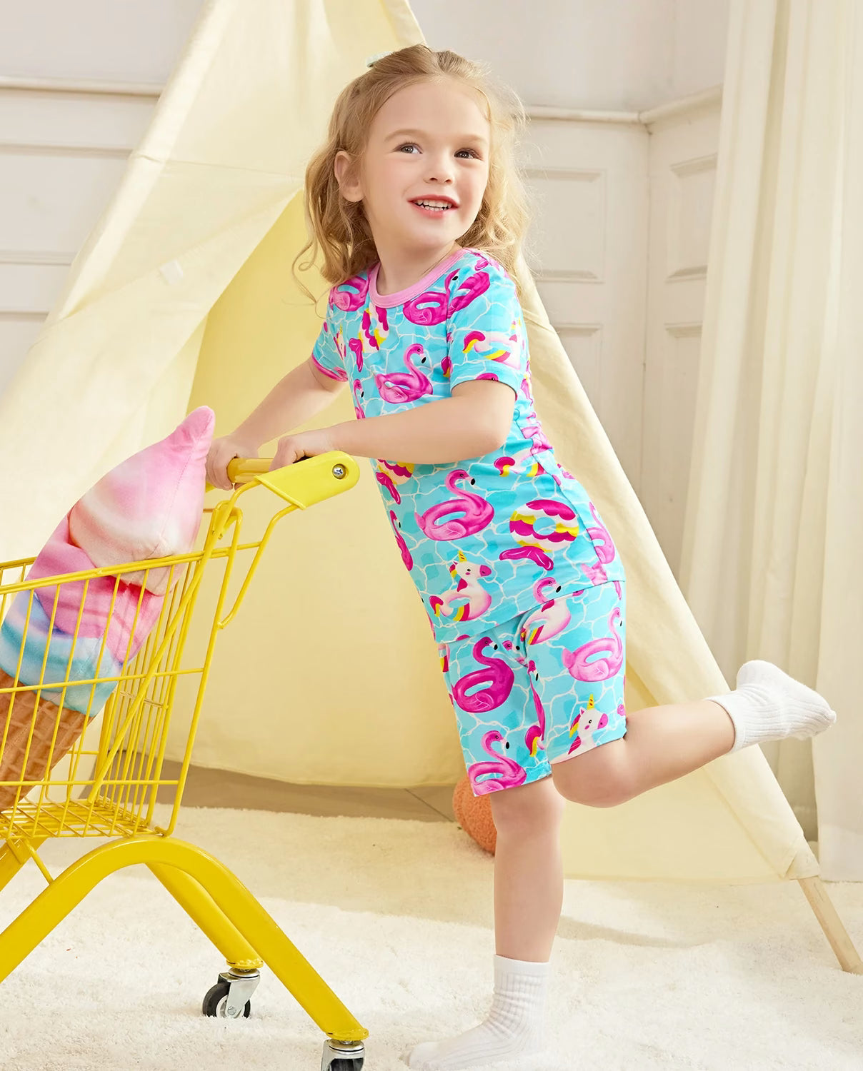 Flamingo Float Short Two-Piece Pajama Set, flamingo float bamboo short two piece pjs lifestyle 06