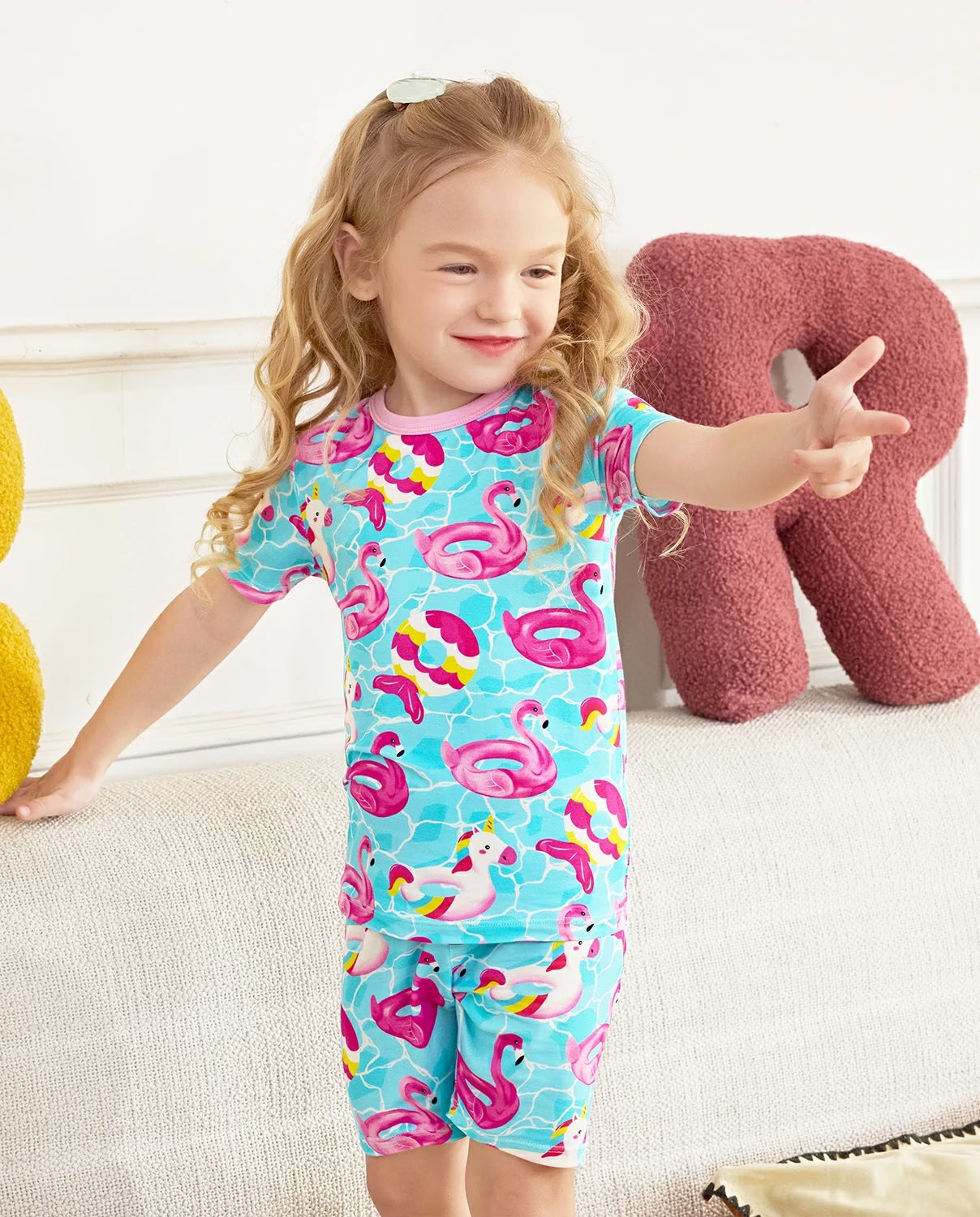 Flamingo Float Short Two-Piece Pajama Set, flamingo float bamboo short two piece pjs lifestyle 07