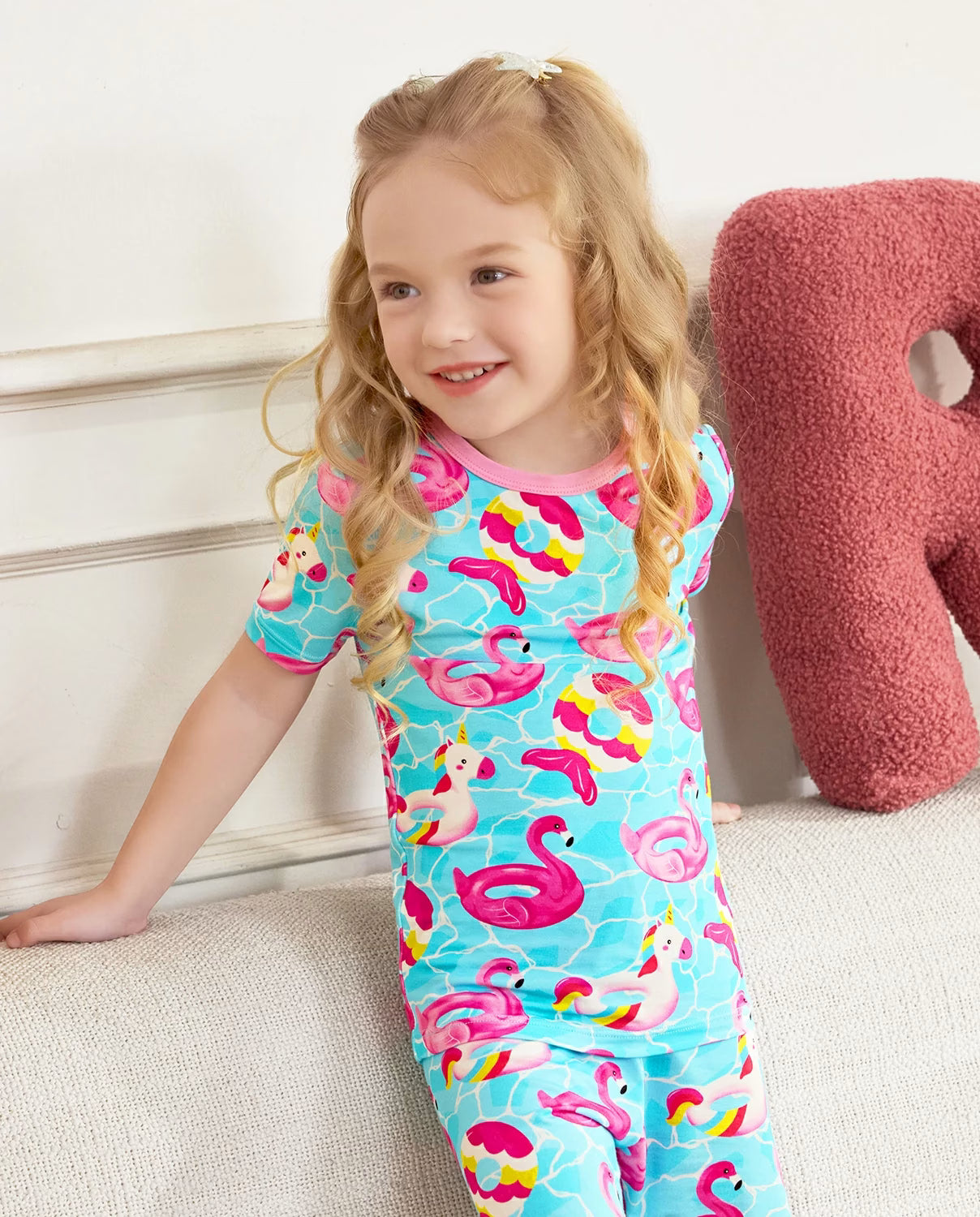 Flamingo Float Short Two-Piece Pajama Set, flamingo float bamboo short two piece pjs lifestyle 09