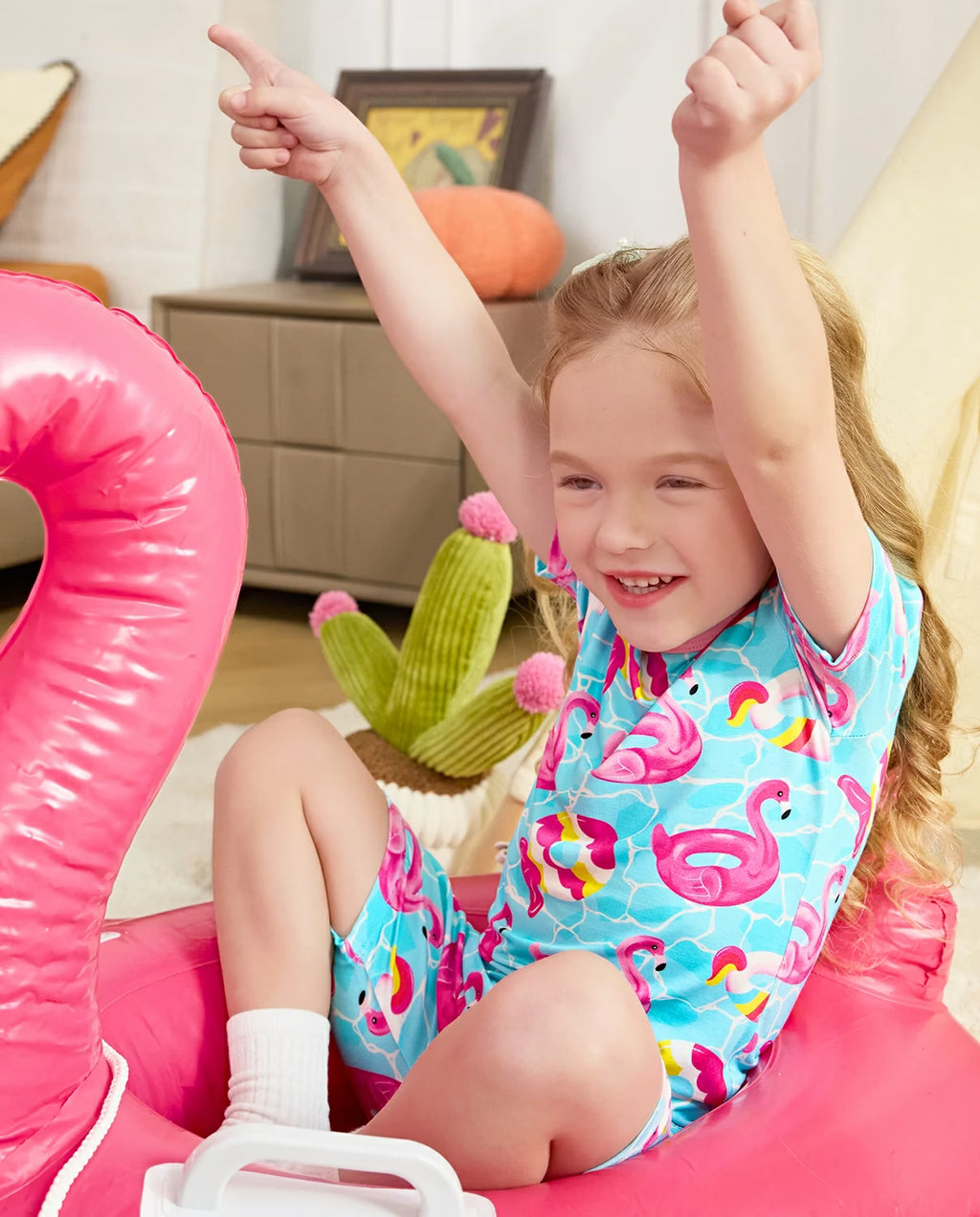 Flamingo Float Short Two-Piece Pajama Set, flamingo float bamboo short two piece pjs lifestyle 10