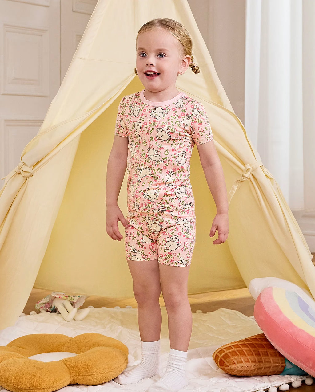 Floral Bunny Short Two-Piece Pajama Set, floral bunny bamboo short two piece pjs lifestyle 01