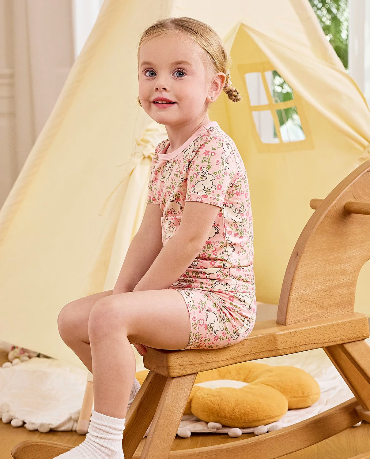 Floral Bunny Short Two-Piece Pajama Set, floral bunny bamboo short two piece pjs lifestyle 03