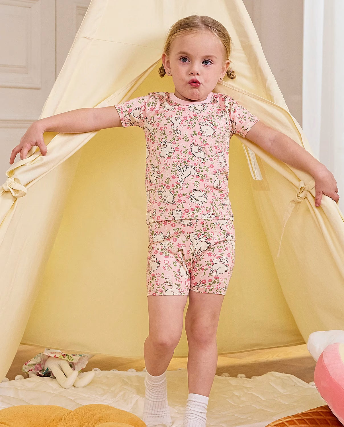 Floral Bunny Short Two-Piece Pajama Set, floral bunny bamboo short two piece pjs lifestyle 05