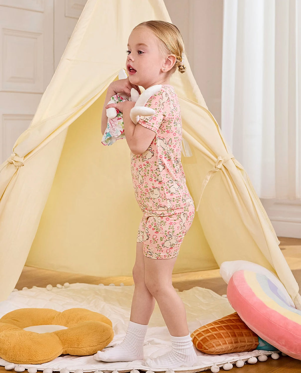 Floral Bunny Short Two-Piece Pajama Set, floral bunny bamboo short two piece pjs lifestyle 06