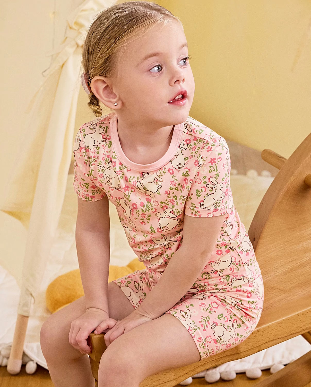 Floral Bunny Short Two-Piece Pajama Set, floral bunny bamboo short two piece pjs lifestyle 07