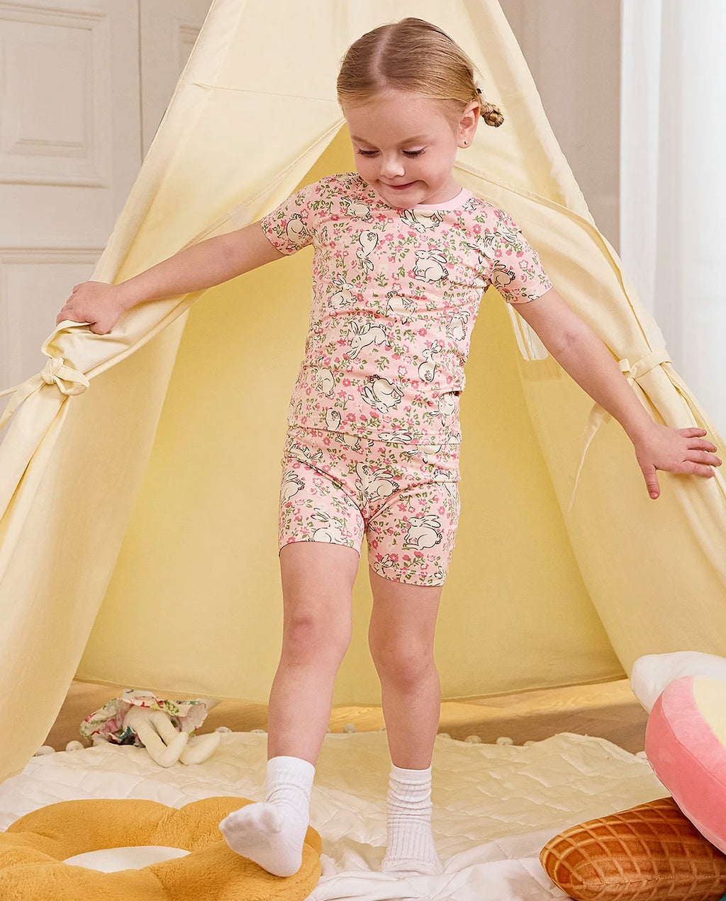 Floral Bunny Short Two-Piece Pajama Set, floral bunny bamboo short two piece pjs lifestyle 08