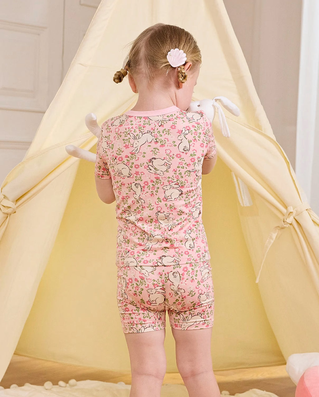 Floral Bunny Short Two-Piece Pajama Set, floral bunny bamboo short two piece pjs lifestyle 10