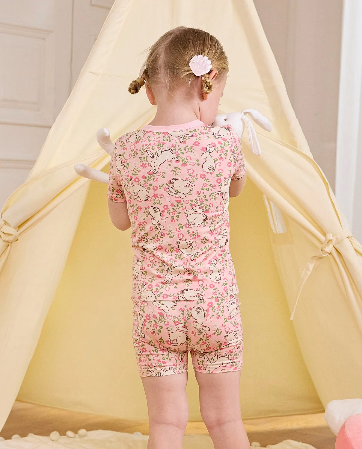Floral Bunny Short Two-Piece Pajama Set, floral bunny bamboo short two piece pjs lifestyle 10
