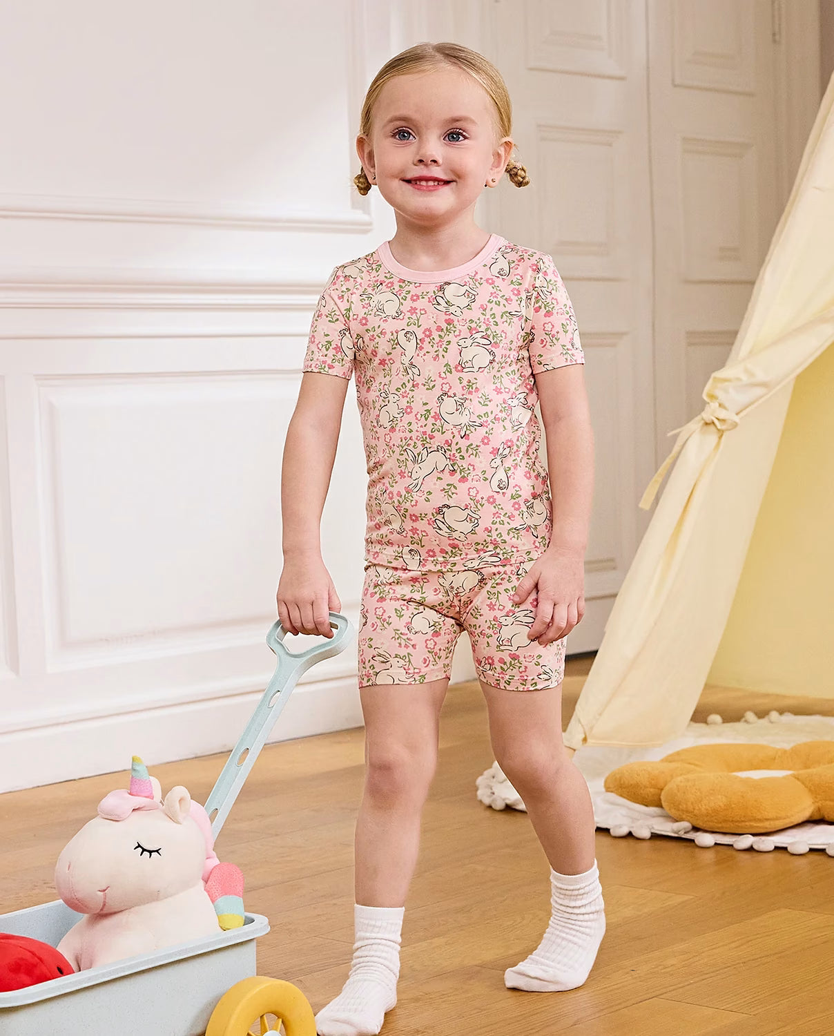 Floral Bunny Short Two-Piece Pajama Set, floral bunny bamboo short two piece pjs lifestyle 11