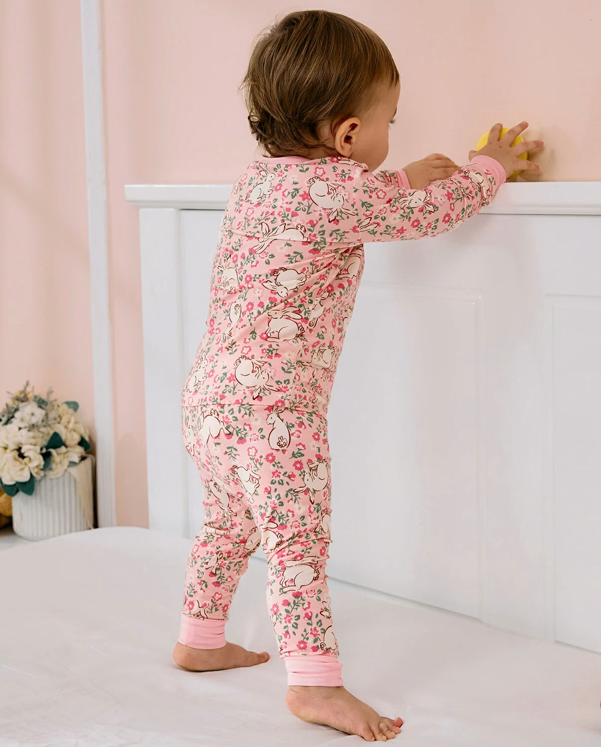 Floral Bunny Long Two-Piece Pajama Set, floral bunny bamboo two piece pjs lifestyle 1