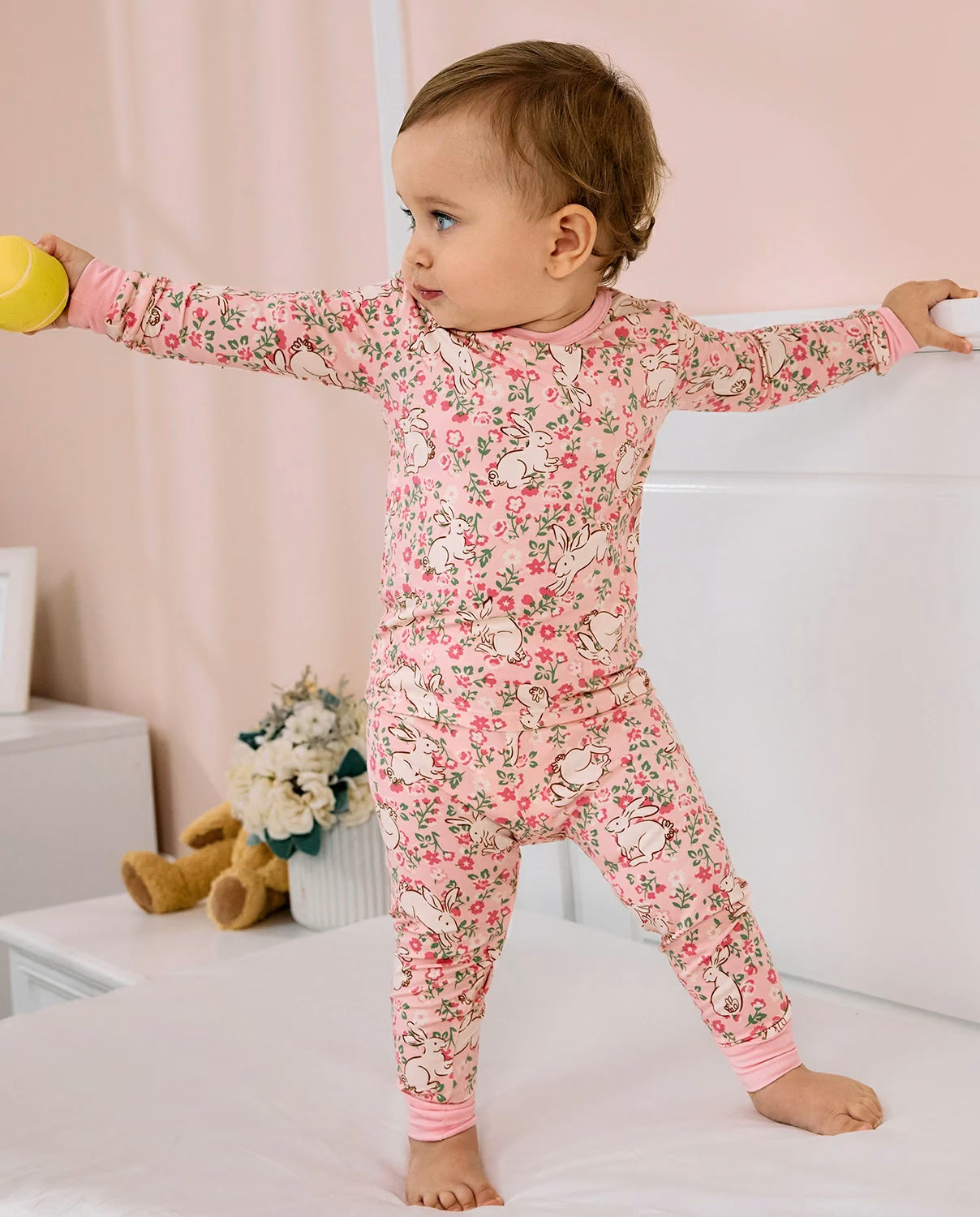 Floral Bunny Long Two-Piece Pajama Set, floral bunny bamboo two piece pjs lifestyle 3