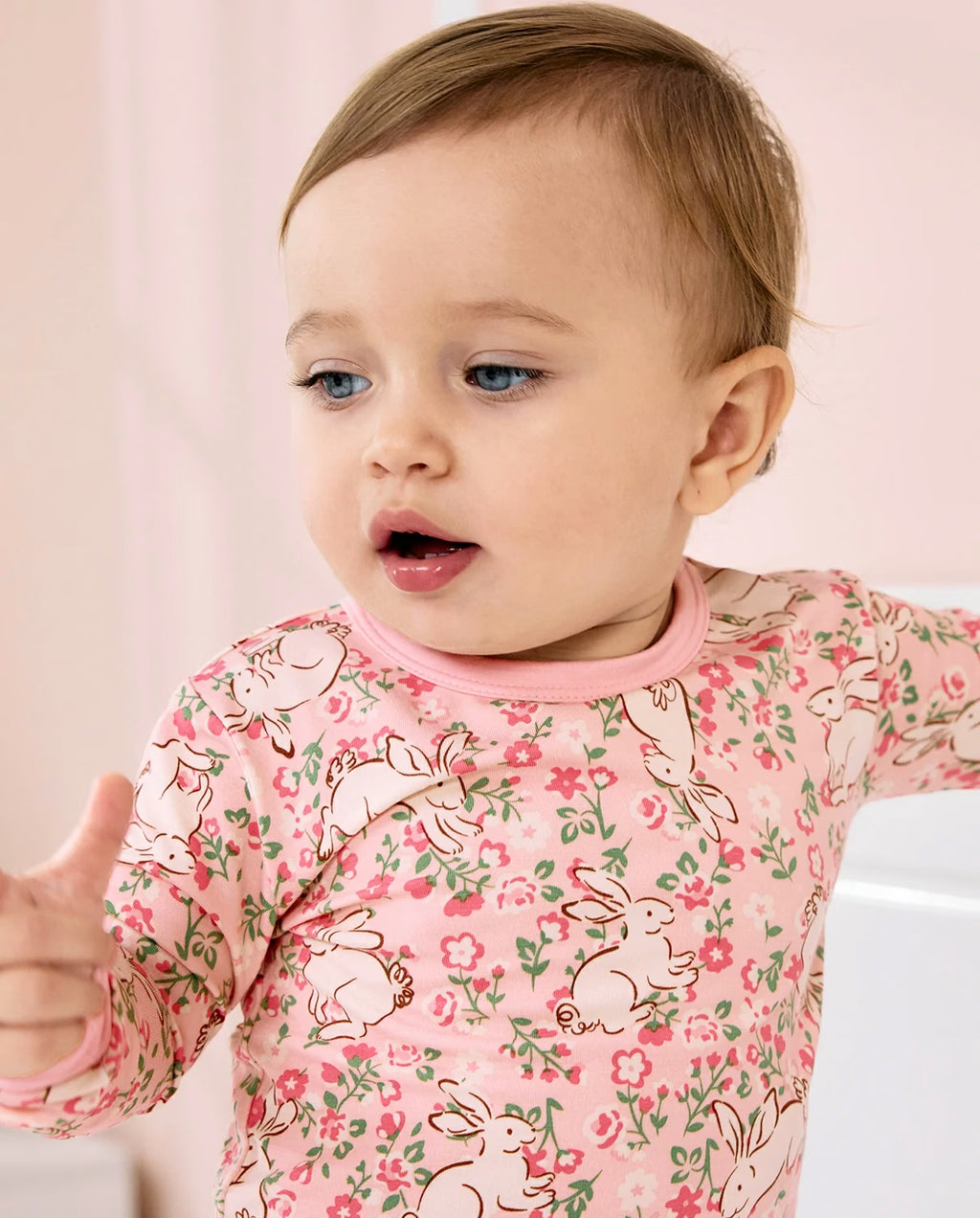 Floral Bunny Long Two-Piece Pajama Set, floral bunny bamboo two piece pjs lifestyle 6
