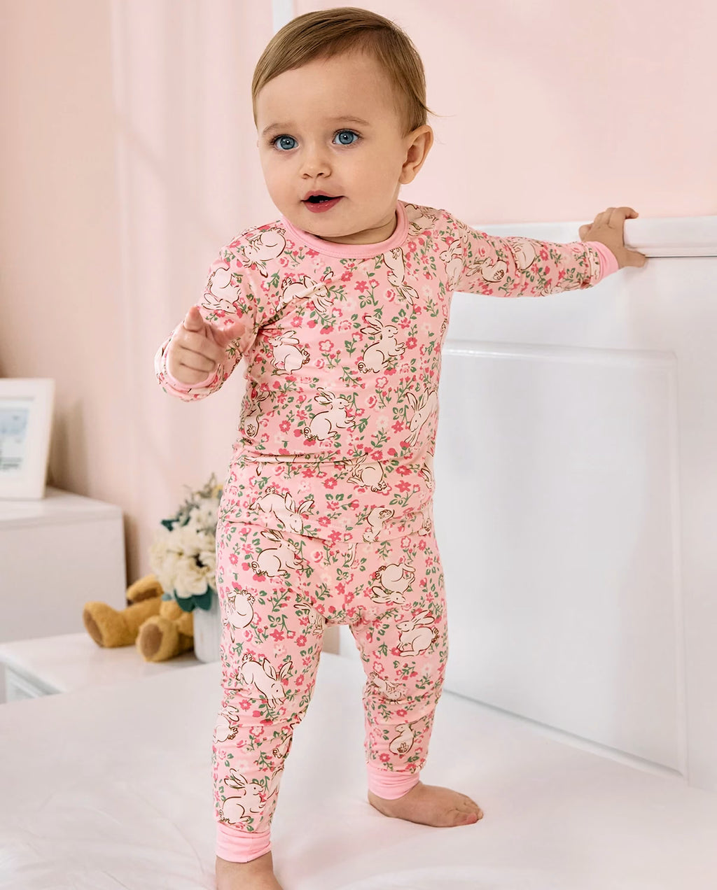 Floral Bunny Long Two-Piece Pajama Set, floral bunny bamboo two piece pjs lifestyle 7
