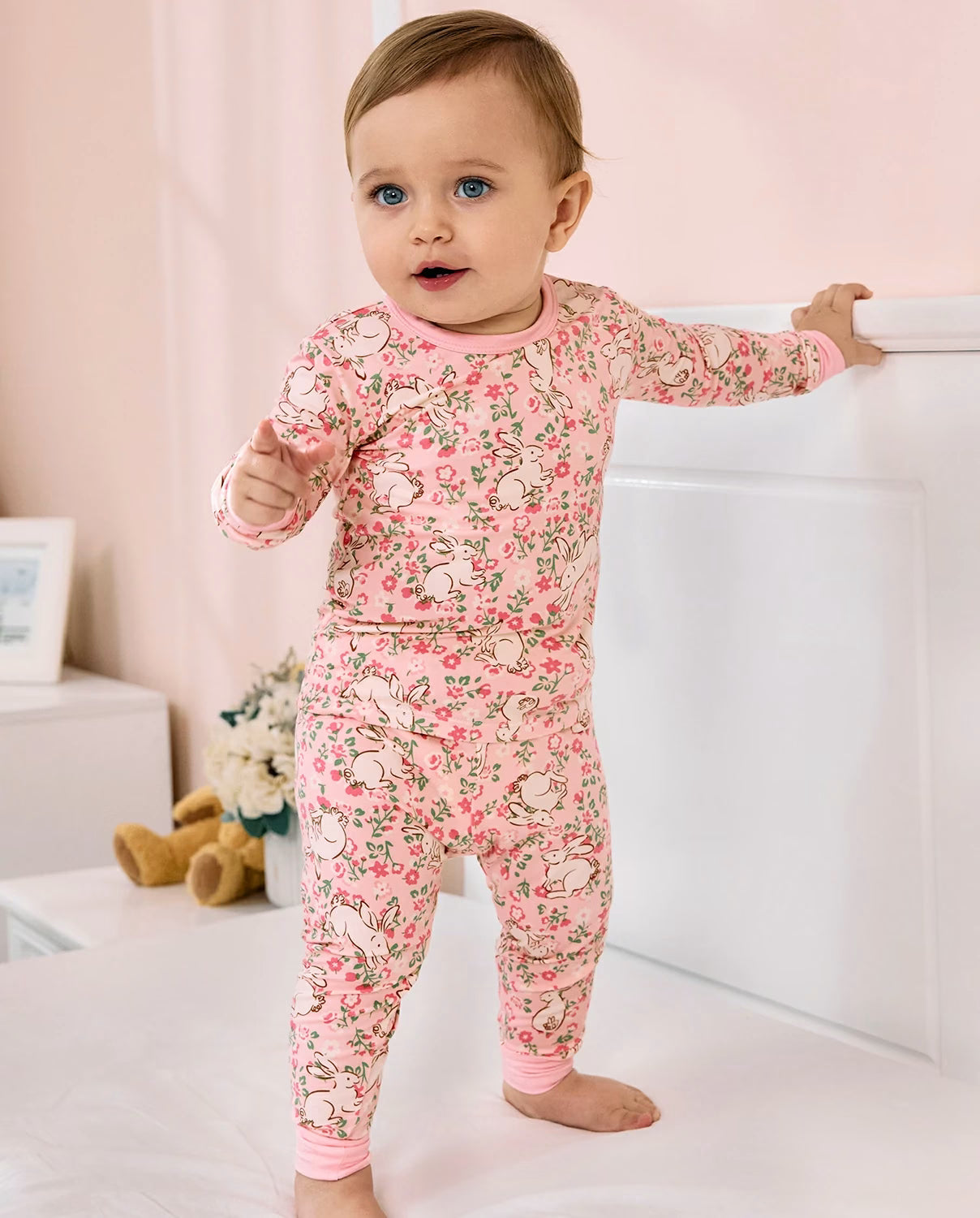 Floral Bunny Long Two-Piece Pajama Set, floral bunny bamboo two piece pjs lifestyle 7